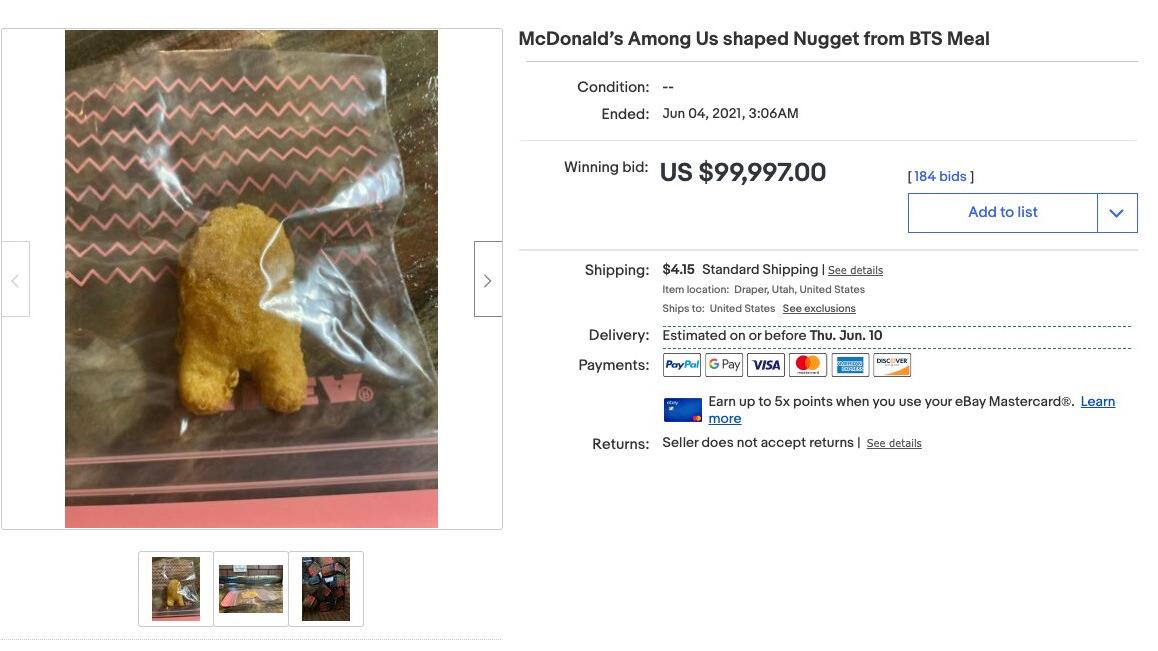 Among Us Shaped Chicken Mcnugget Sells For 99 997 Dimplify